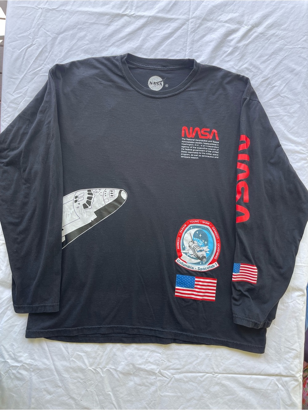 NASA Men's Black Long-Sleeve Graphic Tee with Mission Patches